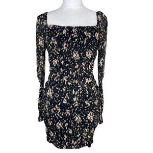 Lovesome Women's Sheer Sleeve Abstract Black & Cream Mini Ruched Dress L